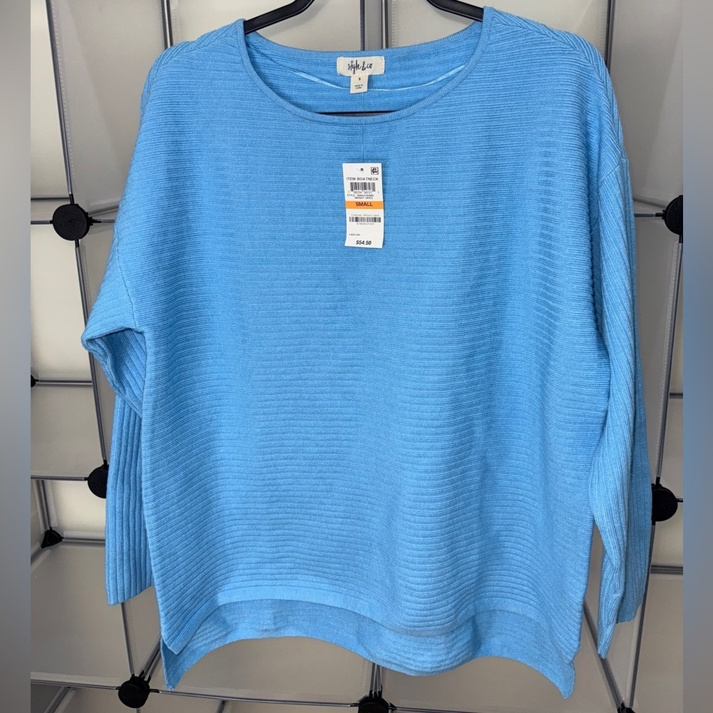 Style & Co Boatneck Rib Pullover Oversized Sweater Bright Skies Size Small NWT - Picture 2 of 8